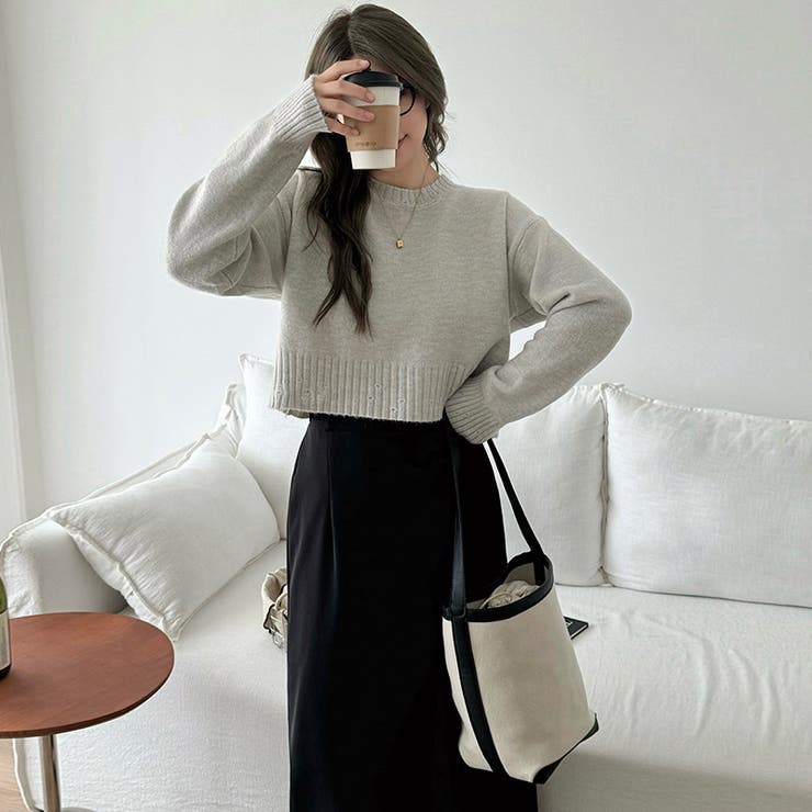 クルーネックショートニット ダメージ加工 ショート丈トップス | COCOMOMO | 詳細画像4 