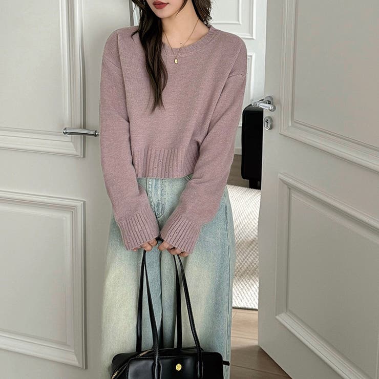 クルーネックショートニット ダメージ加工 ショート丈トップス | COCOMOMO | 詳細画像6 