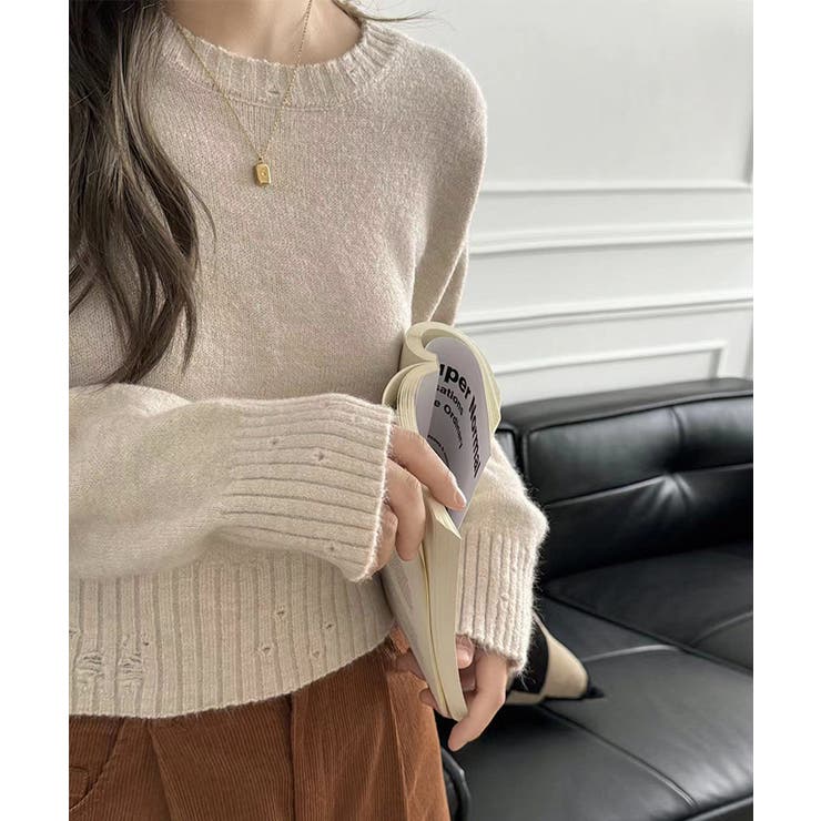 クルーネックショートニット ダメージ加工 ショート丈トップス | COCOMOMO | 詳細画像8 