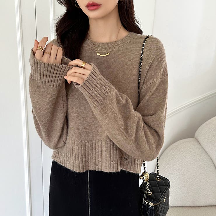 クルーネックショートニット ダメージ加工 ショート丈トップス | COCOMOMO | 詳細画像12 