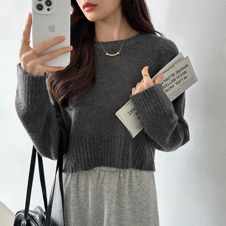 クルーネックショートニット ダメージ加工 ショート丈トップス | COCOMOMO | 詳細画像18 