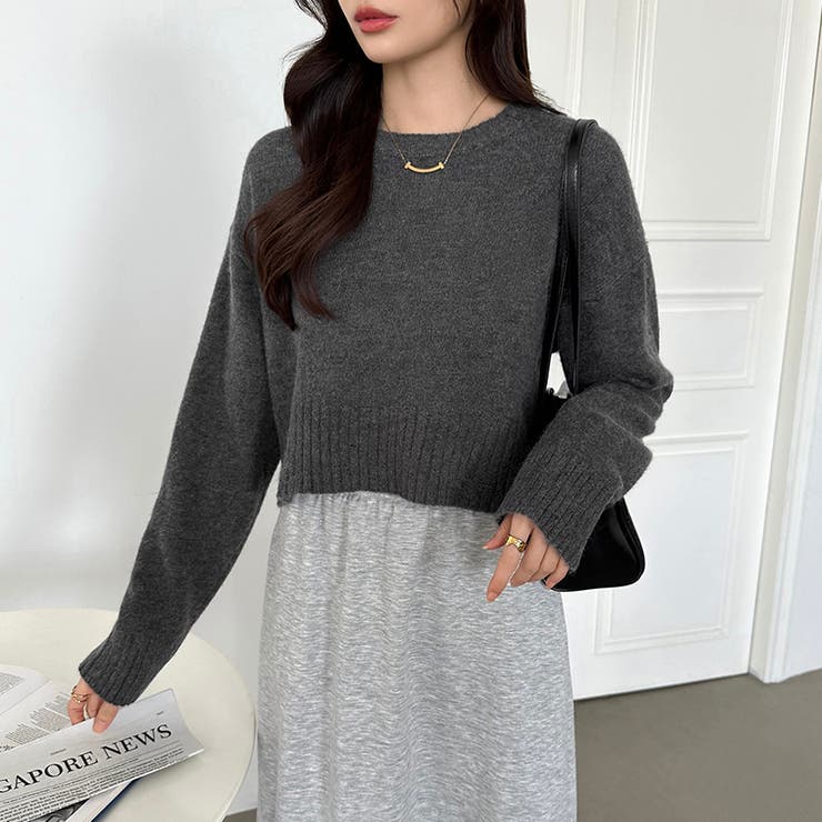 クルーネックショートニット ダメージ加工 ショート丈トップス | COCOMOMO | 詳細画像20 