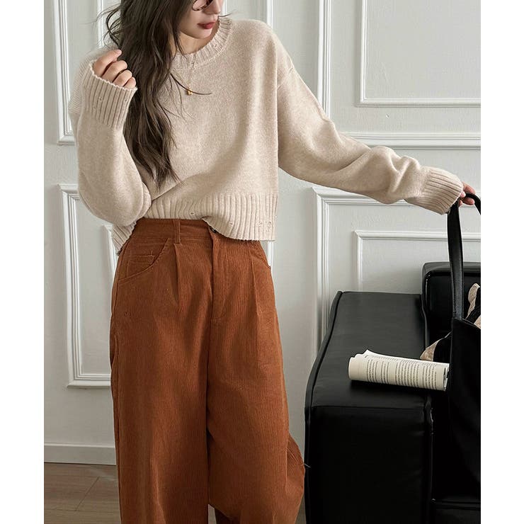 クルーネックショートニット ダメージ加工 ショート丈トップス | COCOMOMO | 詳細画像9 