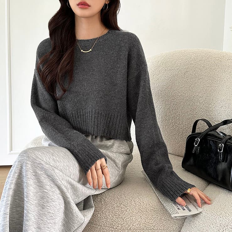 クルーネックショートニット ダメージ加工 ショート丈トップス | COCOMOMO | 詳細画像23 