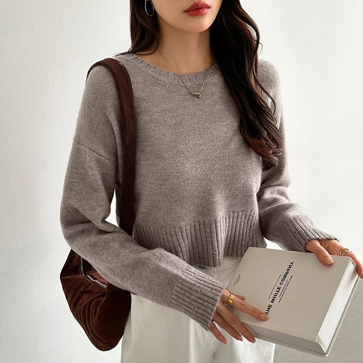 クルーネックショートニット ダメージ加工 ショート丈トップス | COCOMOMO | 詳細画像26 