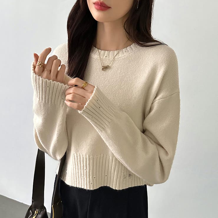 クルーネックショートニット ダメージ加工 ショート丈トップス | COCOMOMO | 詳細画像30 