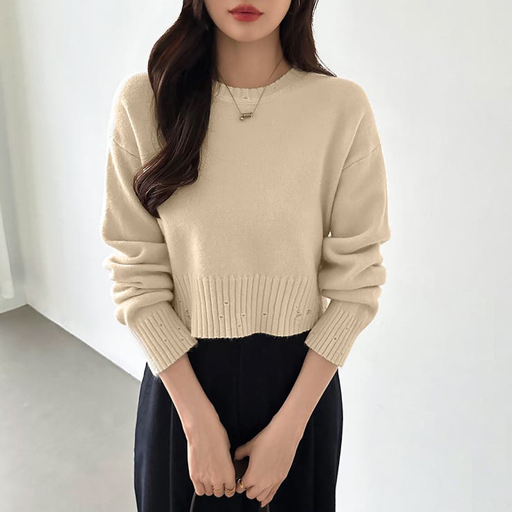 クルーネックショートニット ダメージ加工 ショート丈トップス | COCOMOMO | 詳細画像31 