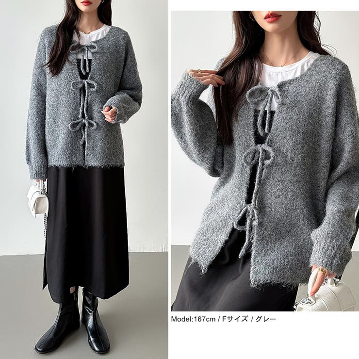 前後2way リボンカーディガン ニットカーディガン[品番：COCW0006142