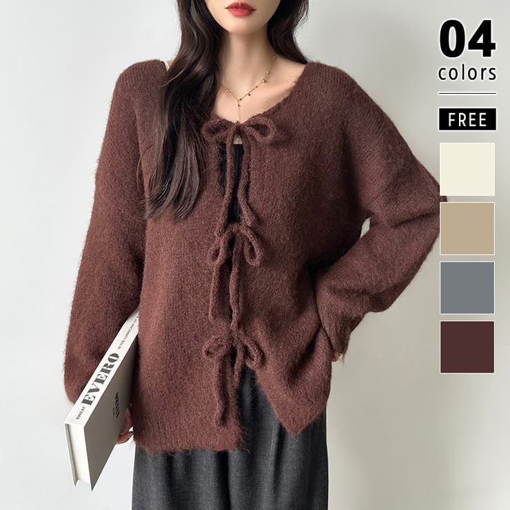 前後2way リボンカーディガン ニットカーディガン[品番：COCW0006142