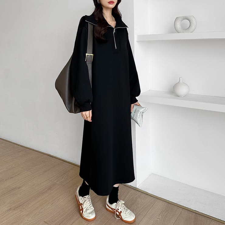 裏起毛 ハーフジップワンピース ロングワンピース[品番：COCW0006122