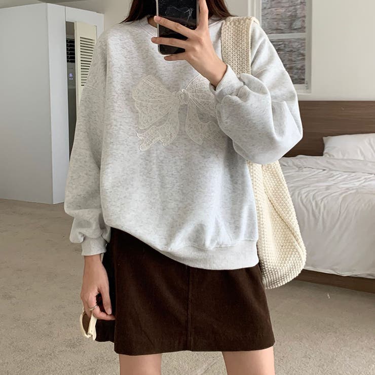 リボントレーナー クルーネックスウェット 韓国ファッション[品番