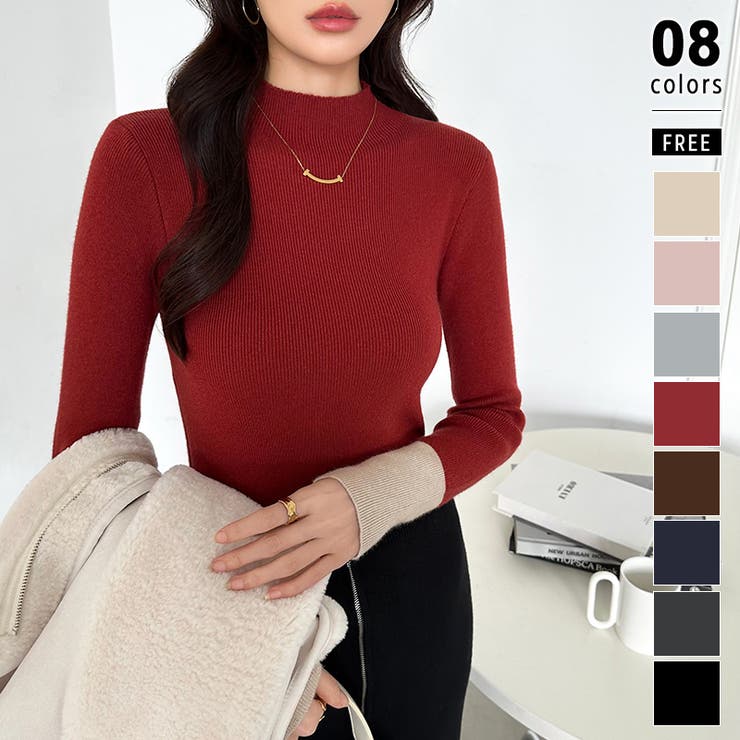 レッド | 配色ニット リブニット ハイネック | COCOMOMO