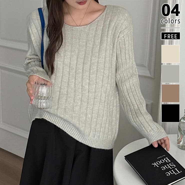 グレー | リブニット ざっくりラウンドネック オフィスカジュアル | COCOMOMO
