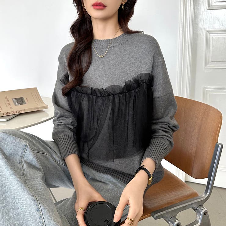 チュールドッキングニット ビスチェ風 クルーネックニット | COCOMOMO | 詳細画像12 