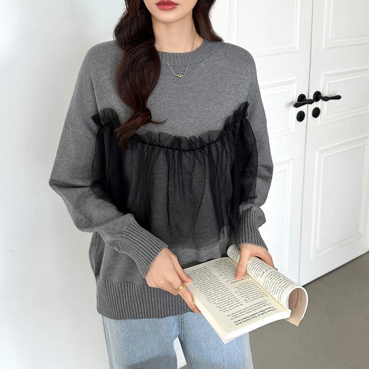 チュールドッキングニット ビスチェ風 クルーネックニット | COCOMOMO | 詳細画像13 