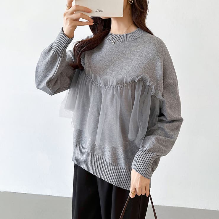 チュールドッキングニット ビスチェ風 クルーネックニット | COCOMOMO | 詳細画像16 