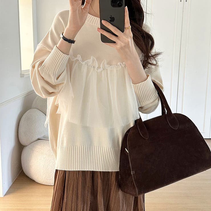 チュールドッキングニット ビスチェ風 クルーネックニット | COCOMOMO | 詳細画像7 