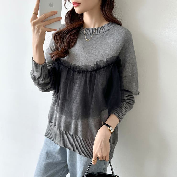 チュールドッキングニット ビスチェ風 クルーネックニット | COCOMOMO | 詳細画像8 