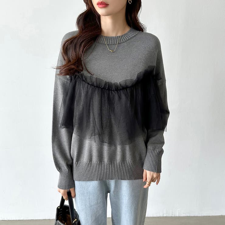 チュールドッキングニット ビスチェ風 クルーネックニット | COCOMOMO | 詳細画像9 