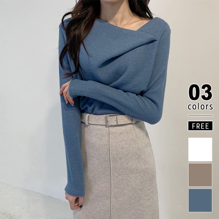 ブルー | イレギュラーネックニット オフィスカジュアル きれいめニット | COCOMOMO