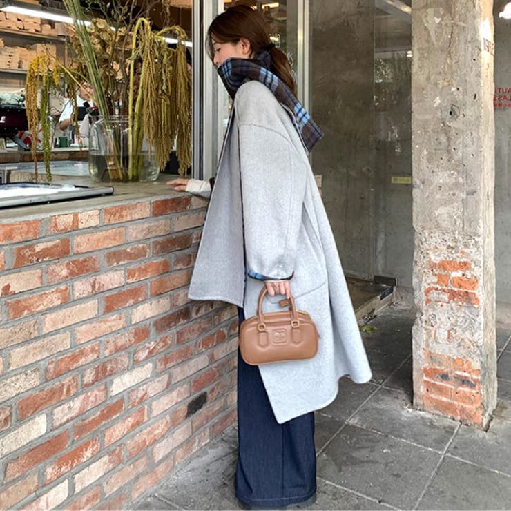 リバーシブルチェックコート マフラー付きノーカラーコート ロングコート | COCOMOMO | 詳細画像10 