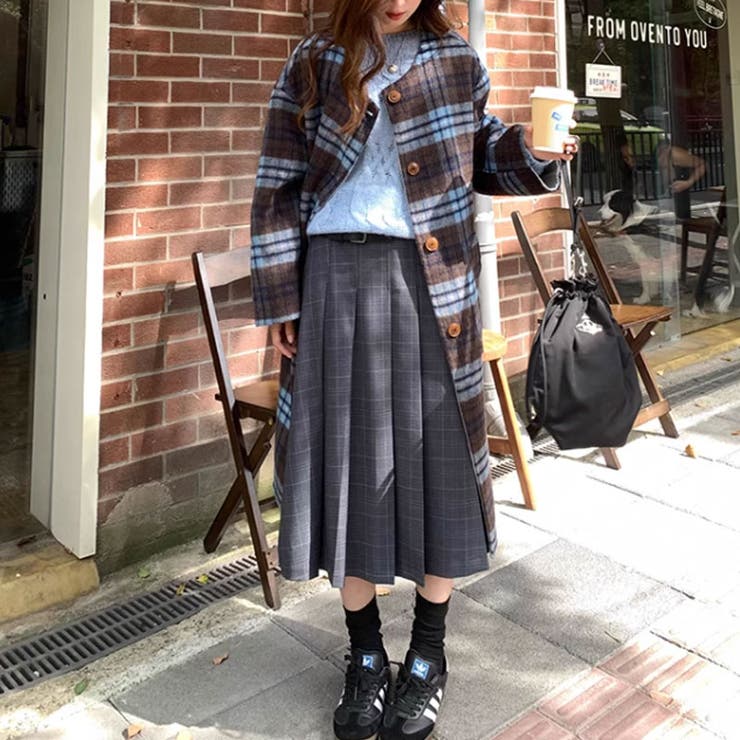 リバーシブルチェックコート マフラー付きノーカラーコート ロングコート | COCOMOMO | 詳細画像3 