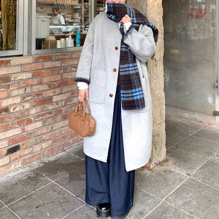 リバーシブルチェックコート マフラー付きノーカラーコート