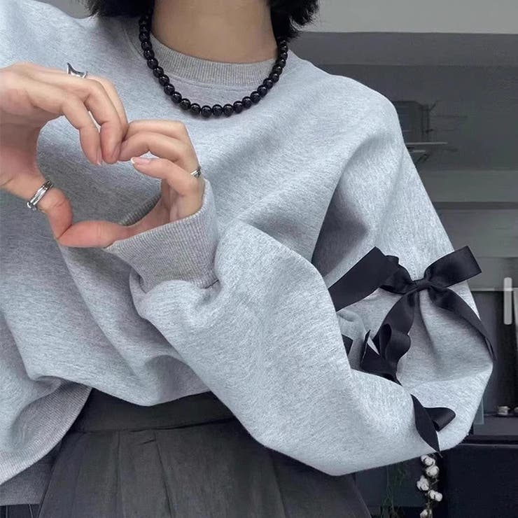 裏起毛 袖リボントレーナー スウェット[品番：COCW0006185]｜COCOMOMO
