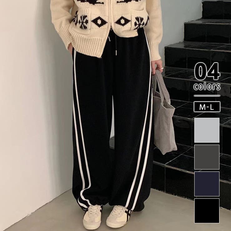 ブラック | 裏起毛 トラックパンツ ラインパンツ | COCOMOMO