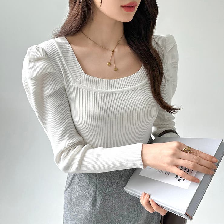 リブニット スクエアネック パフスリーブニット | COCOMOMO | 詳細画像12 