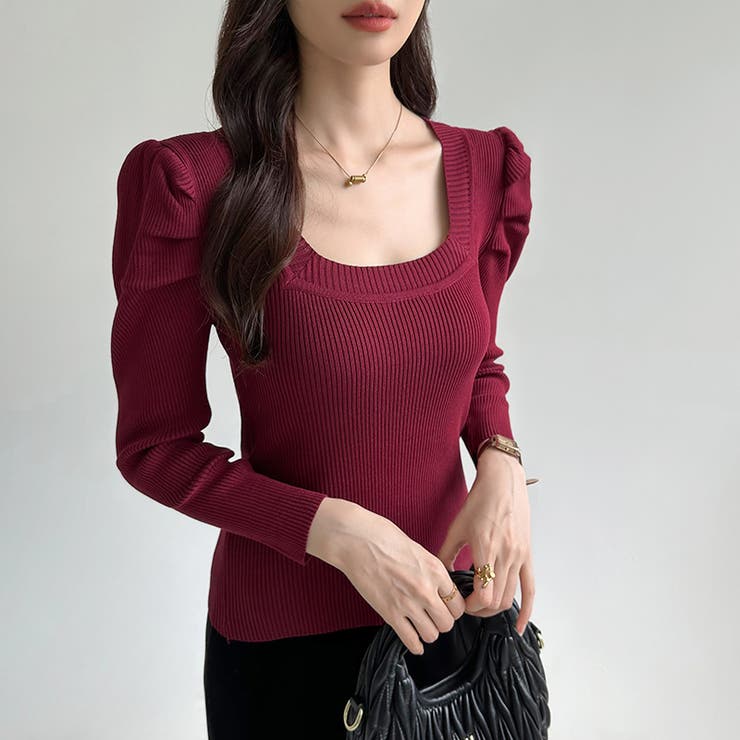 リブニット スクエアネック パフスリーブニット | COCOMOMO | 詳細画像16 