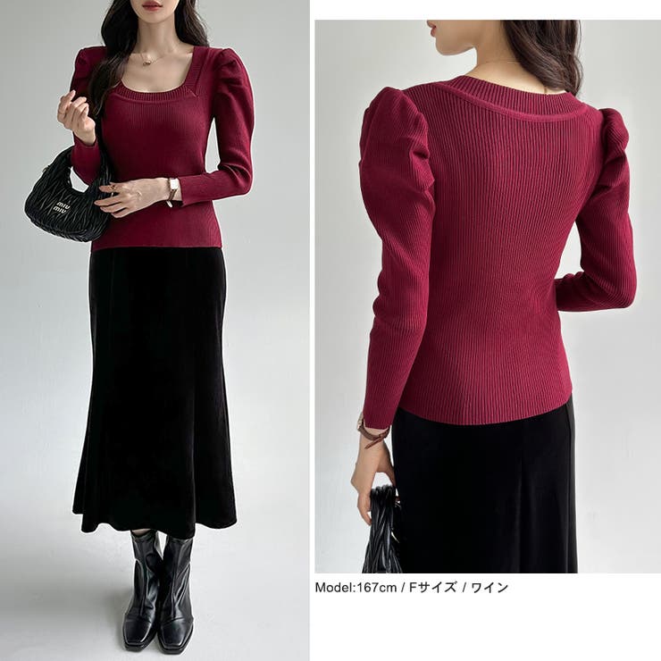 リブニット スクエアネック パフスリーブニット | COCOMOMO | 詳細画像17 