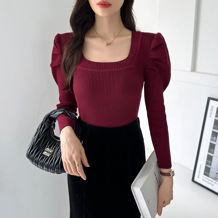 リブニット スクエアネック パフスリーブニット | COCOMOMO | 詳細画像19 