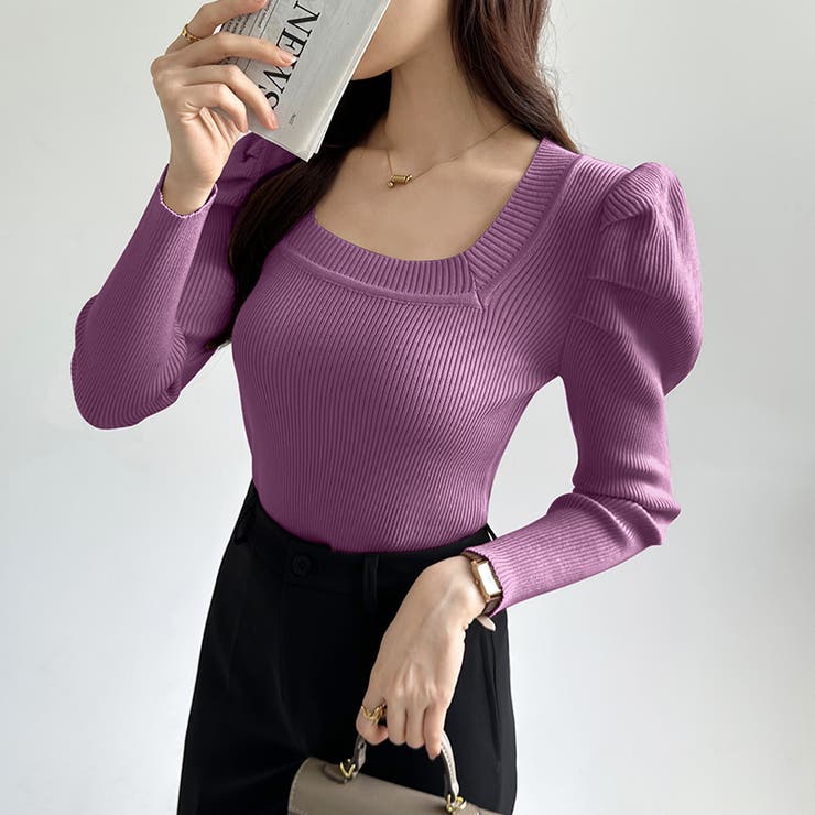 リブニット スクエアネック パフスリーブニット | COCOMOMO | 詳細画像20 