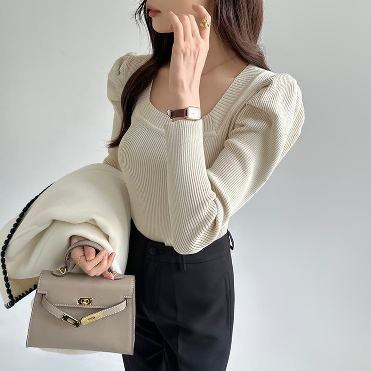 リブニット スクエアネック パフスリーブニット | COCOMOMO | 詳細画像3 