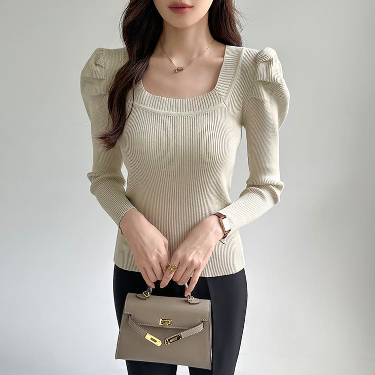 リブニット スクエアネック パフスリーブニット | COCOMOMO | 詳細画像4 