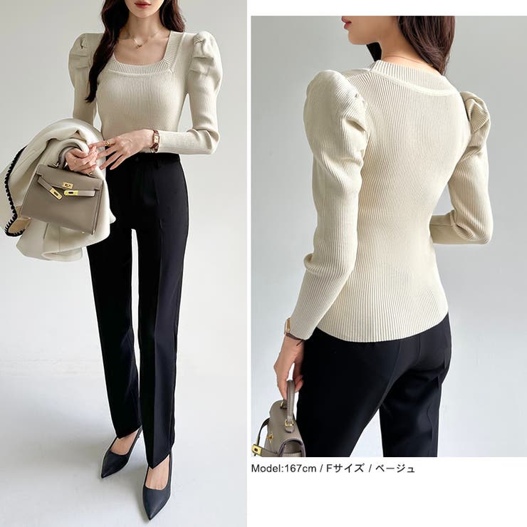 リブニット スクエアネック パフスリーブニット | COCOMOMO | 詳細画像5 