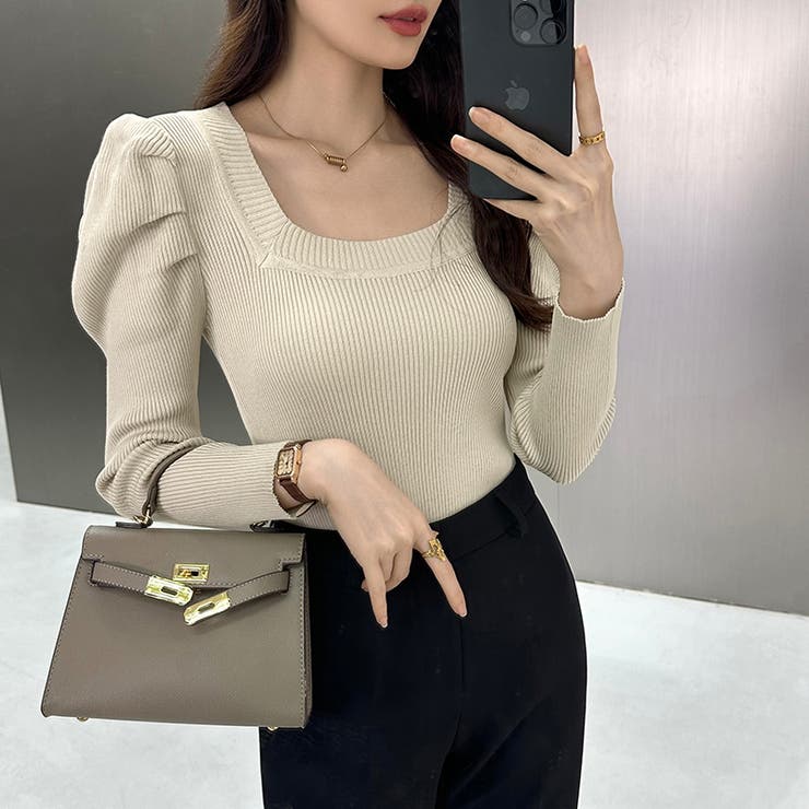 リブニット スクエアネック パフスリーブニット | COCOMOMO | 詳細画像6 