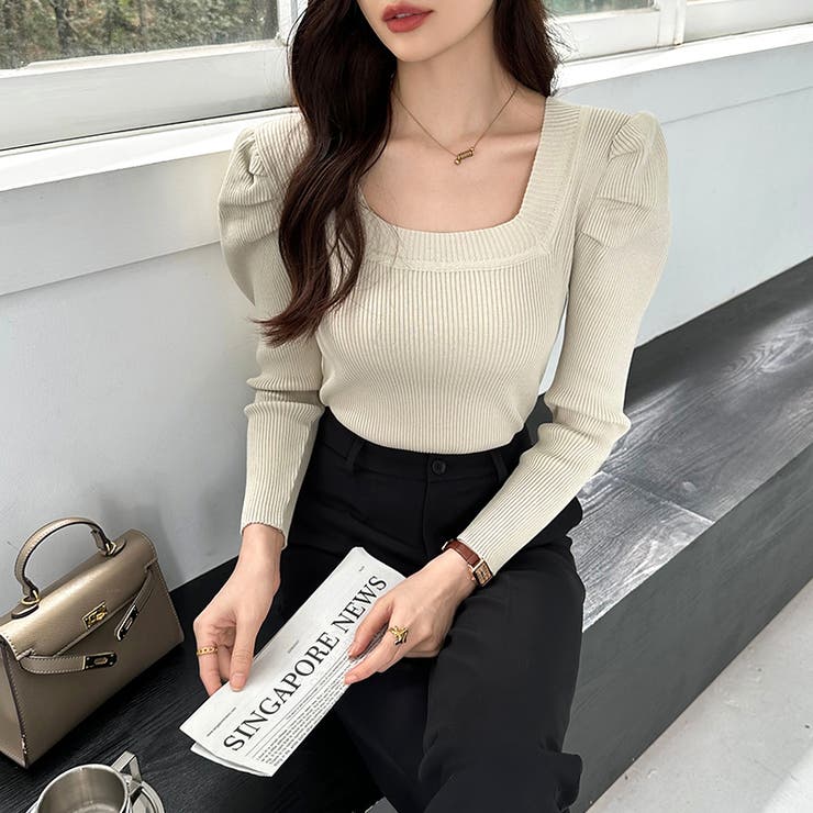 リブニット スクエアネック パフスリーブニット | COCOMOMO | 詳細画像7 