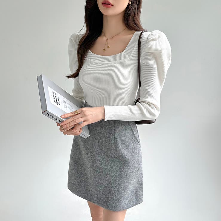 リブニット スクエアネック パフスリーブニット | COCOMOMO | 詳細画像8 