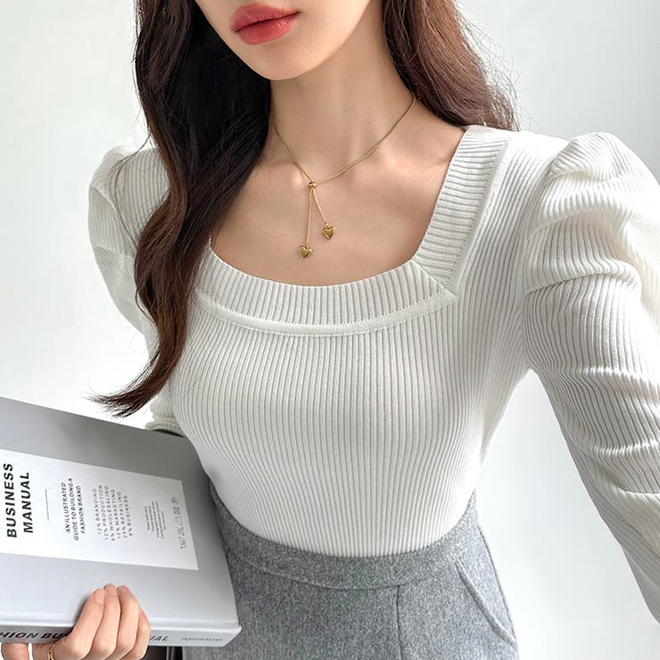 リブニット スクエアネック パフスリーブニット | COCOMOMO | 詳細画像9 