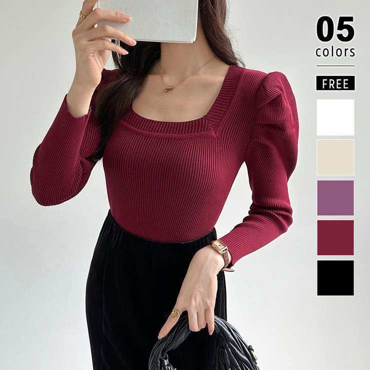 ワイン | リブニット スクエアネック パフスリーブニット | COCOMOMO