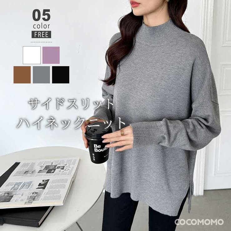 素敵な 美品【M】長袖ハイネック 裏起毛 裾サイドスリット グレー 花柄 トップス