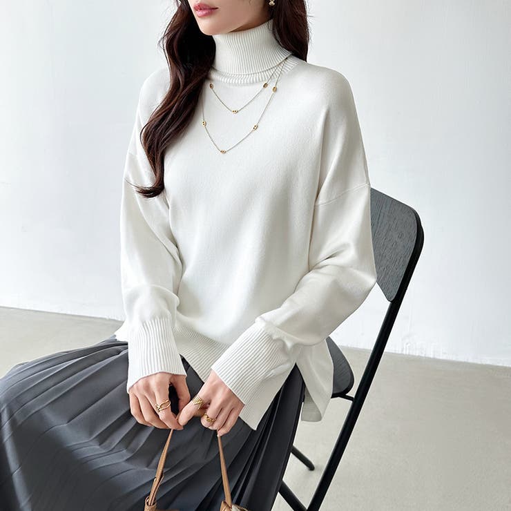 タートルネック もっちりやわらかヤク風ニット サイドスリットニット | COCOMOMO | 詳細画像19 