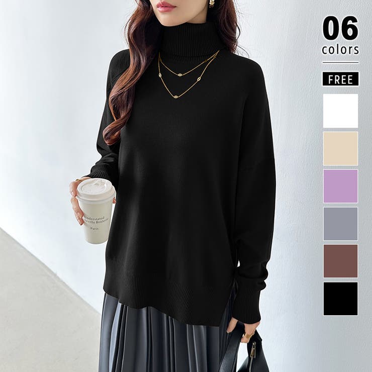 ブラック | タートルネック もっちりやわらかヤク風ニット サイドスリットニット | COCOMOMO