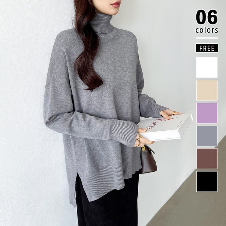 グレー | タートルネック もっちりやわらかヤク風ニット サイドスリットニット | COCOMOMO