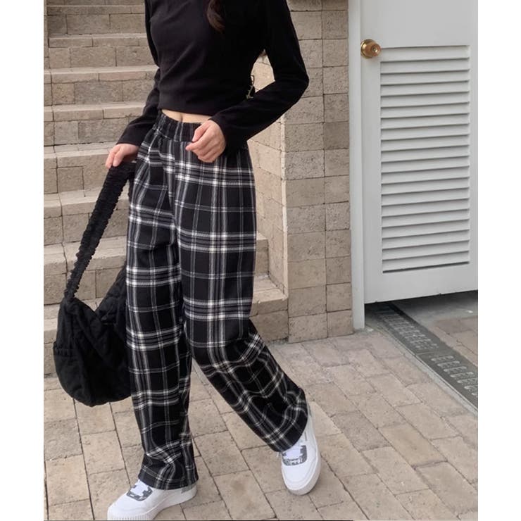 裏起毛 チェック柄パンツ ワイドパンツ[品番：COCW0006226]｜COCOMOMO