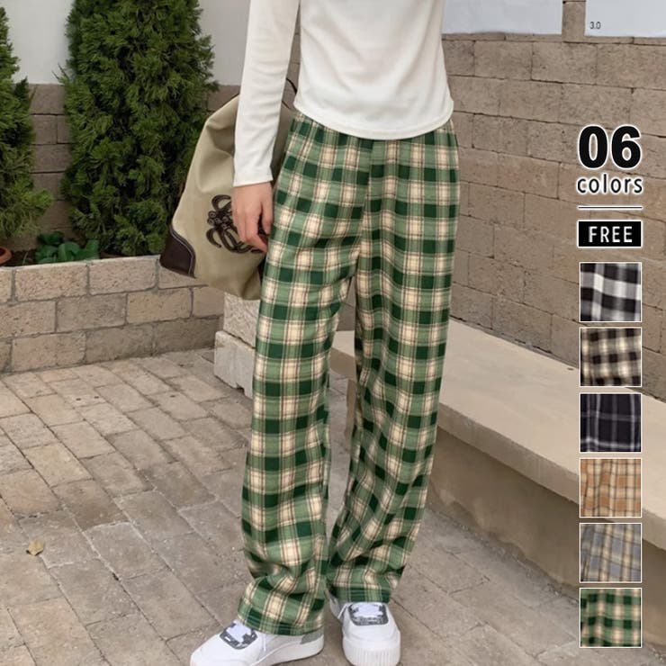 Amazon | [YEMOCILE] チェック柄 ロングパンツ ワイドパンツ