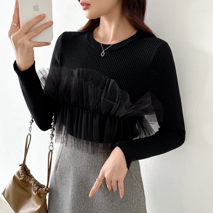 チュールドッキングニット ビスチェ風 リブニット | COCOMOMO | 詳細画像14 