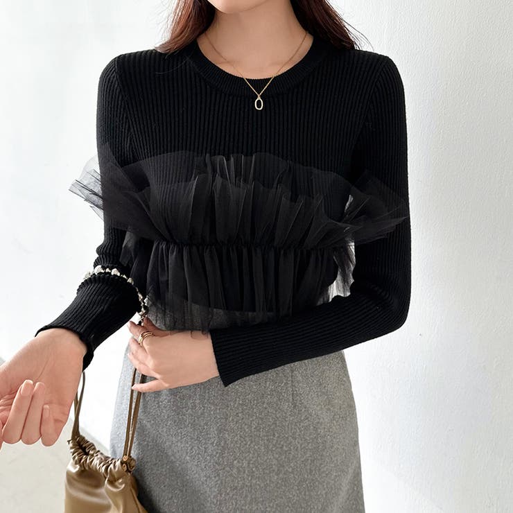 チュールドッキングニット ビスチェ風 リブニット | COCOMOMO | 詳細画像15 